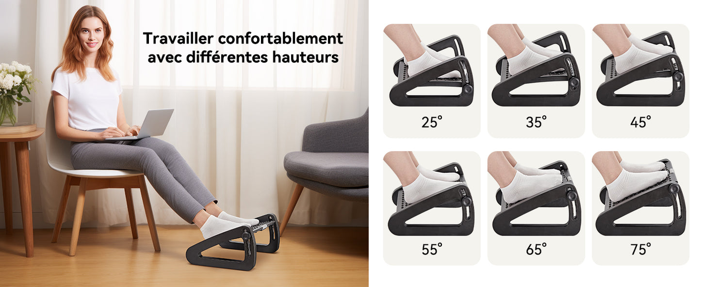 Repose Pied Bureau Ergonomique - Hauteur Réglable avec Rouleau de Massage Voute Plantaire - Bureau et Maison