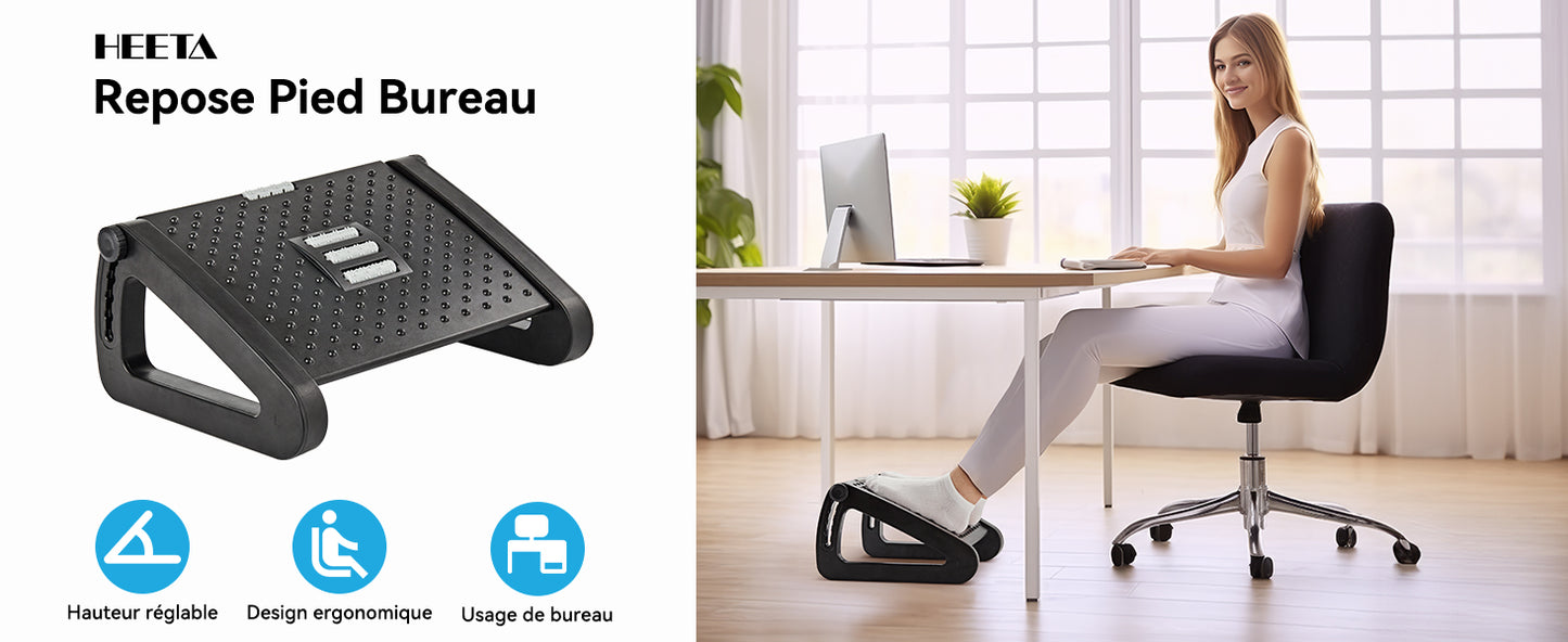 Repose Pied Bureau Ergonomique - Hauteur Réglable avec Rouleau de Massage Voute Plantaire - Bureau et Maison