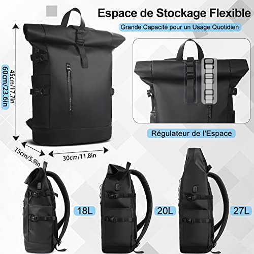 Sac à Dos Roll-Top Éxtensible - Grand Sac Noir Étanche et Fonctionnel - Grande Capacité