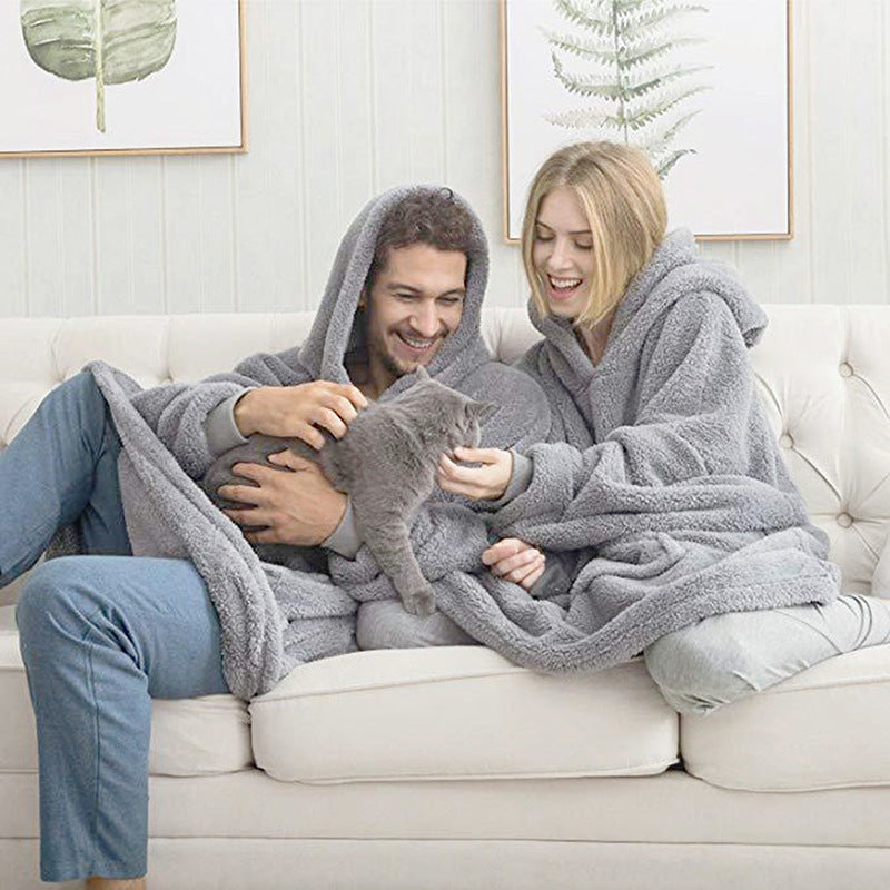 Peignoir Thermique à Capuche - Flanelle Et Velours - Gris - Taille Unique - Poche Large - Pour Maison Et Extérieur