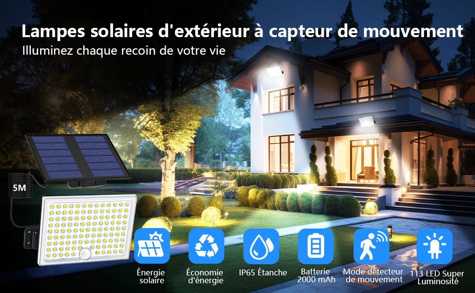 Lampe Solaire d'Éxtérieur LED Détecteur de Mouvements